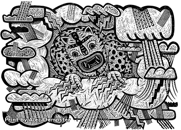 Woodblock print by Alec Dempster for cd of music from Tixtla, Guerrero, Mexico. Inspiried by jaguar masks known for tecuanis
