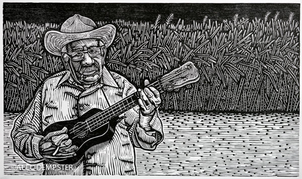 Woodblock print portrait by Alec Dempster of Andrés Vega Delfín, son jarocho musician from Veracruz playing guitarra de son. Created for the Fandango at the Wall documentary