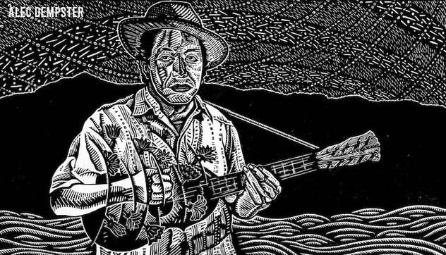 Woodblock print by Alec Dempster of Patricio Hidalgo, son jarocho musician from Veracruz and director of the the group Afrojarocho playing jarana.