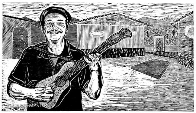 Woodblock print by Alec Dempster of Ramón Gutiérrez, director of Son de Madera, son jarocho group playing guitarra de son.