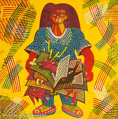 multicolour linoleum print by Alec Dempster for Mexican songbook