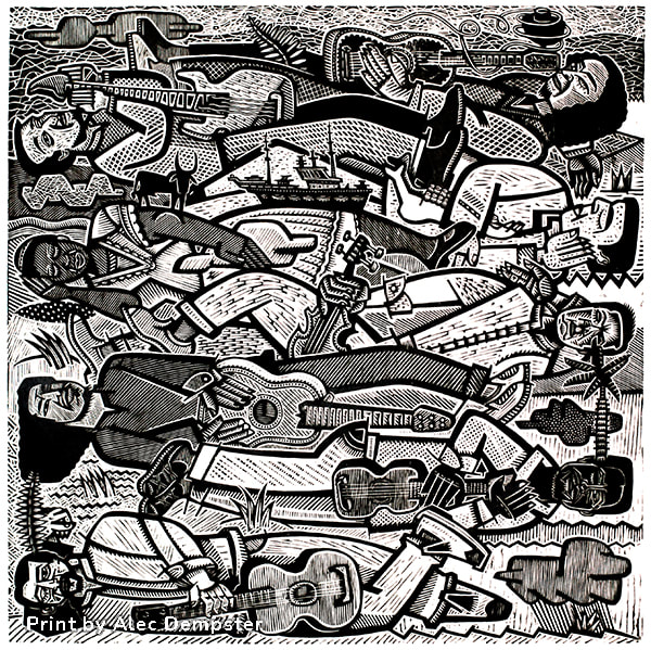Woodblock print by Alec Dempster for album cover by son jarocho group from Veracruz, Mexico. 