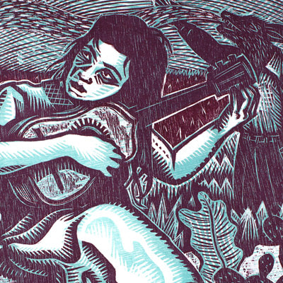 Mullti-color woodblock prints by Alec Dempster illustrations of décimas poems